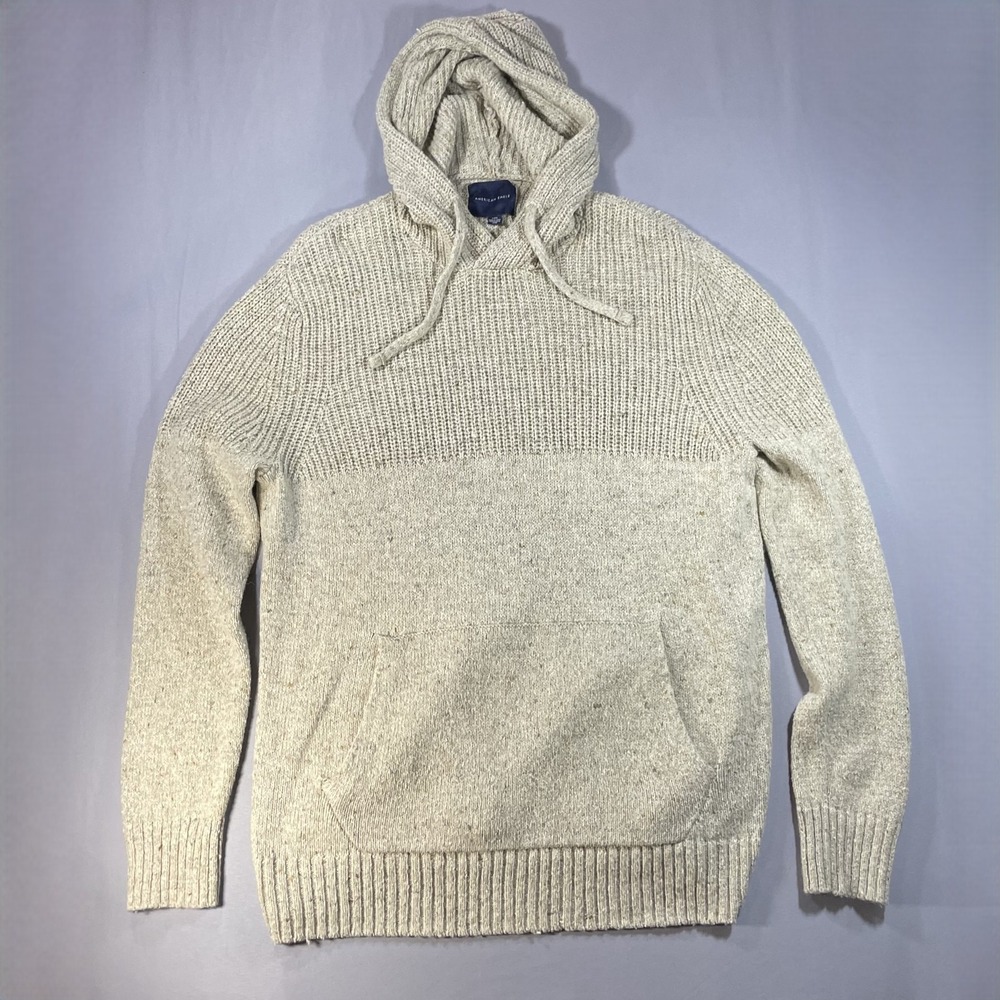 American Eagle Mens Large Oatmeal Silk Wool Blend Knit Pullover Hoodie Sweater